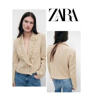 ZARA NEW WOMAN SHORT TEXTURED FRAYED DOUBLE BREASTED BLAZER JACKET M 2460/692